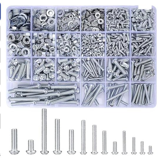 1080 Pcs Screws Bolts and Nuts Assortment Kit, Metric Machine Screws and Nuts and Bolts and Flat Washers, M3/M4/M5/M6 Slotted Pan Head Hex Bolts and Nuts Sets (C)