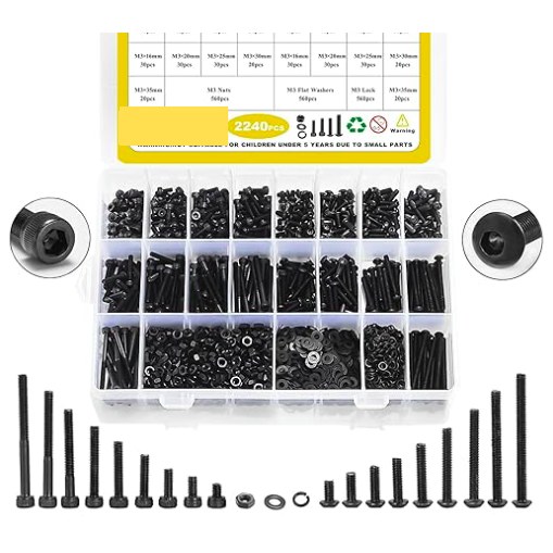 Metric Screws Assortment,2240 Pcs M3 Screws Nuts Washers Assortment M3x4MM-35MM, Hex Socket Button & Cap Head M3 Machine Bolts Kit, 12.9 & 10.9 Grade Alloy Steel,Black Screws for 3D Printing