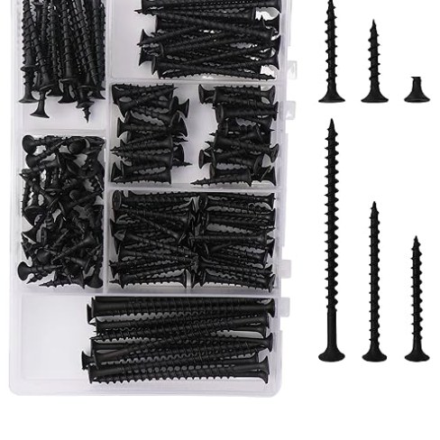 High Hardness Drywall Screws Assortment Kit, 166 pcs, Coarse Thread, Phillips Drive, Black Wood Screws, Screws Assortment, Screws Set, 6 Sizes (3”,2”,1-1/2”,1-1/4”,1”,3/4”)