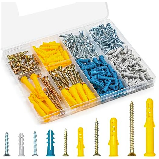 Drywall Anchors and Screws Assortment Kit 270PCS, 135 Plastic Wall Anchors and 135 Philips Flat Head Screws, 5 Sizes Galvanized Screws and Wall Plug Bolts with Organizer Box