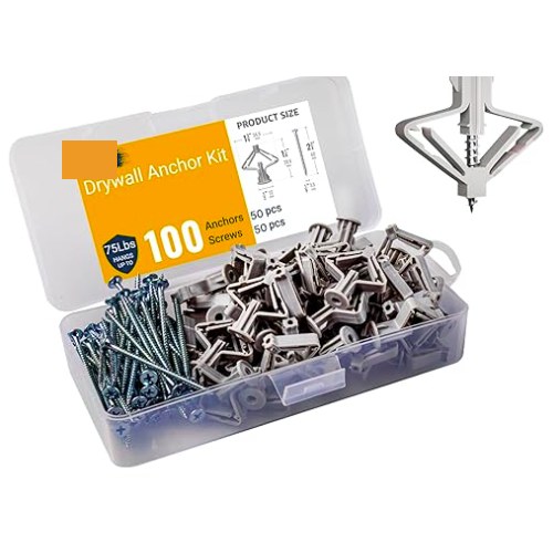 Drywall Anchor Kit Hollow Wall with Screws 100 pcs. (Grey Anchor 50pcs + Screws 50pcs) Plastic Hollow Wall Drilling Anchors with Screws Drywall Anchors Butterfly.
