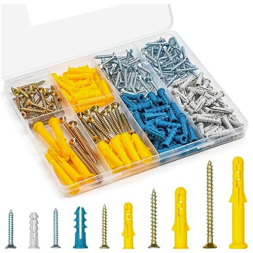 Drywall Anchors and Screws Assortment Kit 270PCS, 135 Plastic Wall Anchors and 135 Philips Flat Head Screws, 5 Sizes Galvanized Screws and Wall Plug Bolts with Organizer Box