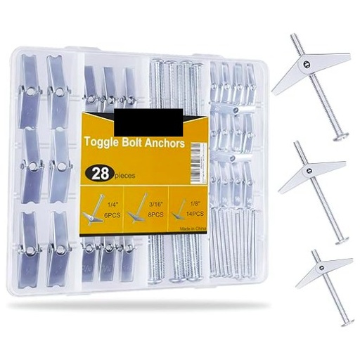 28Pcs Heavy Duty Hollow Wall Anchors for Drywall Ceiling, Toggle Bolts and Wing Nut Kit, Metal Drywall Anchors and Screws Assortment Set, 3 Sizes Butterfly Anchors (1/8in, 3/16in, 1/4in)