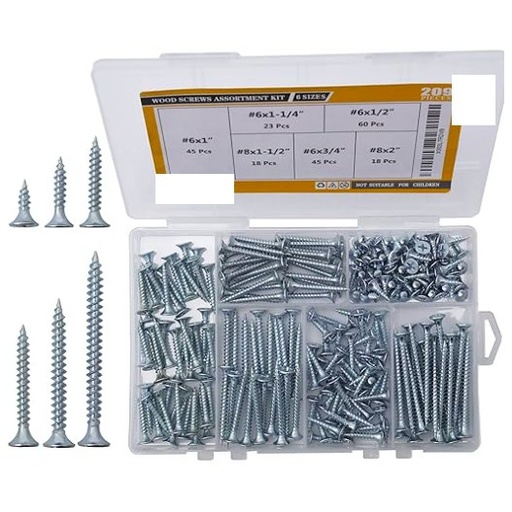High Hardness Wood Screws Assortment Kit, 209 pcs, Phillips Drive Flat Head, Wood Screws, Screws, Drywall Screws, Assorted Screws, Screws Set, 6 Sizes (2”,1-1/2”,1-1/4”,1”,3/4”,1/2”)